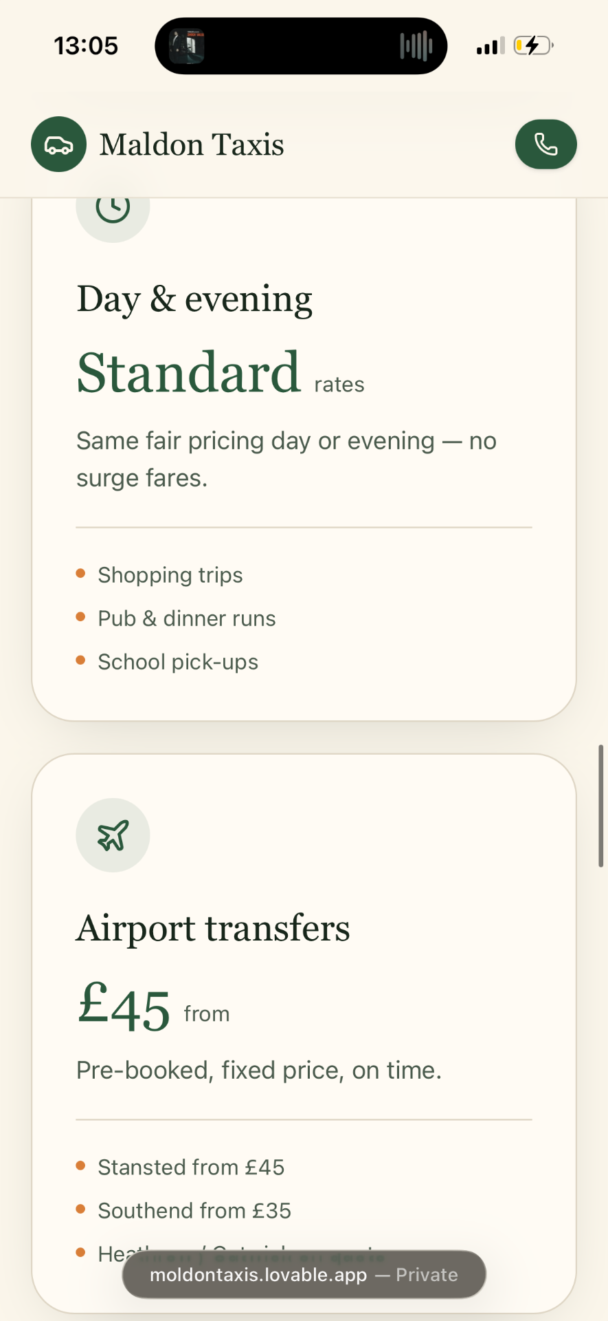 Standard rates & airport — taxi website screenshot 11